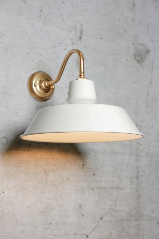 Gold/ brass gooseneck wall light with white shade