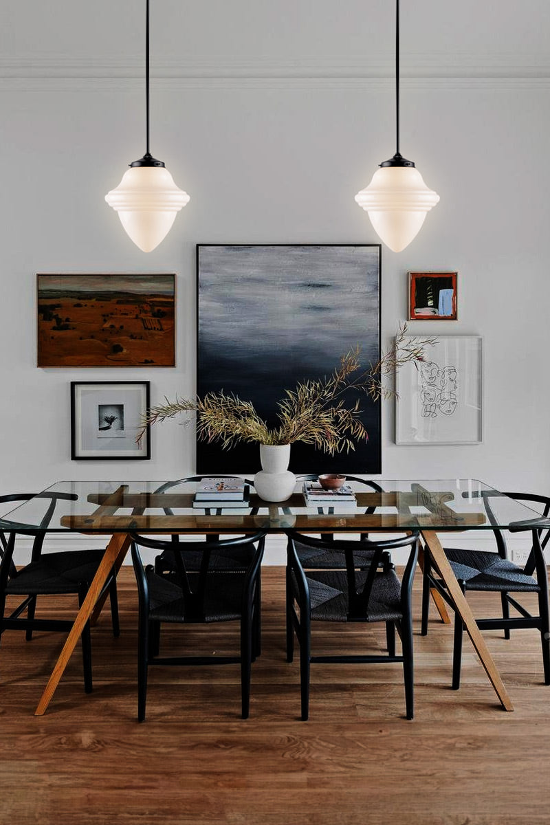 Minnesota Schoolhouse Pole Pendants over dining room table