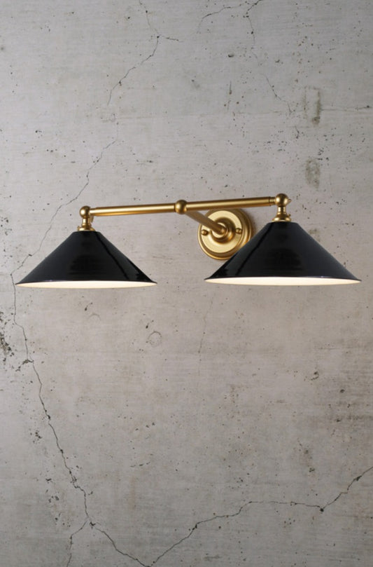 Gold Steel two arm wall sconce with black shades