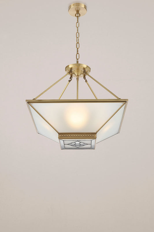 Clarkson Brass Pendant Light with solid brass frame and frost glass panels