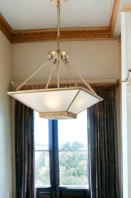 Clarkson Brass Pendant Light with solid brass frame and frost glass panels in a hallway