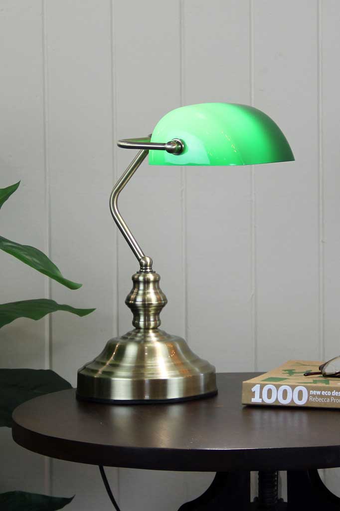 Antique Brass Bankers lamp with green shade