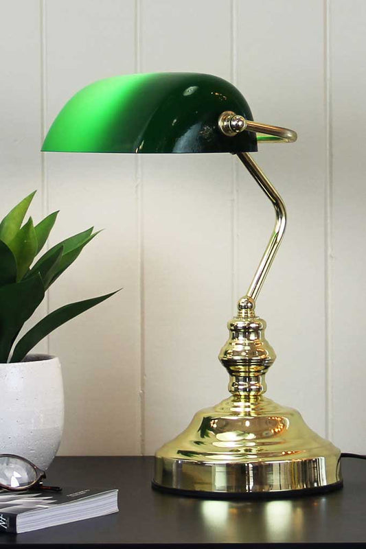 Brass Bankers lamp with green shade