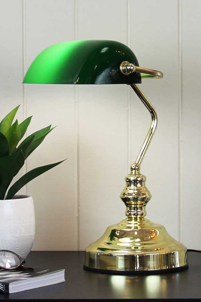 Brass Bankers lamp with green shade