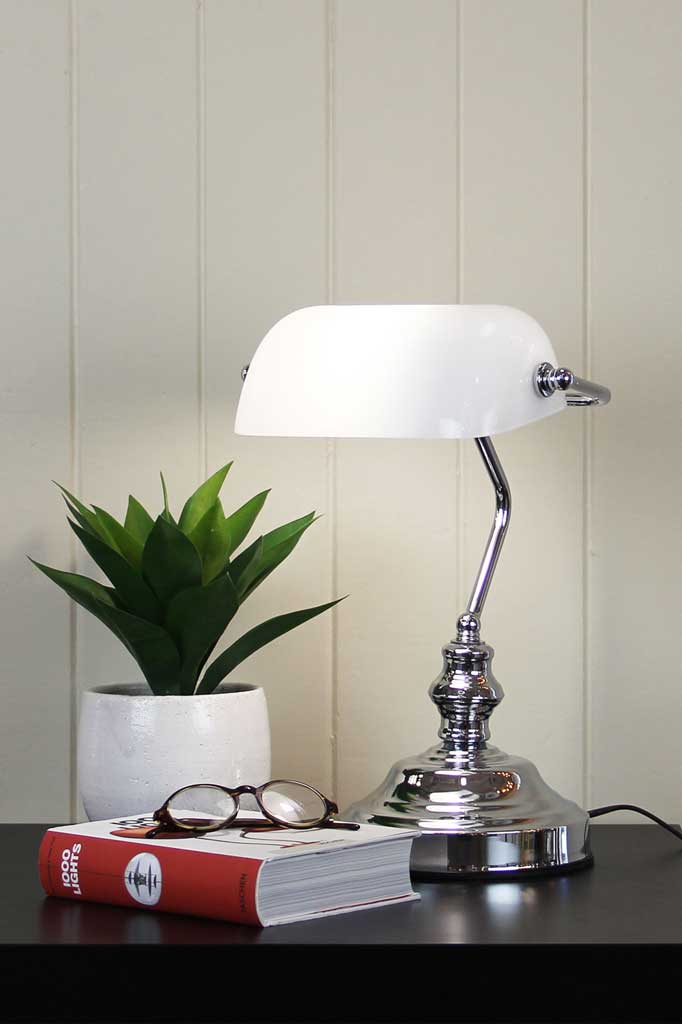 Chrome Bankers lamp with white shade