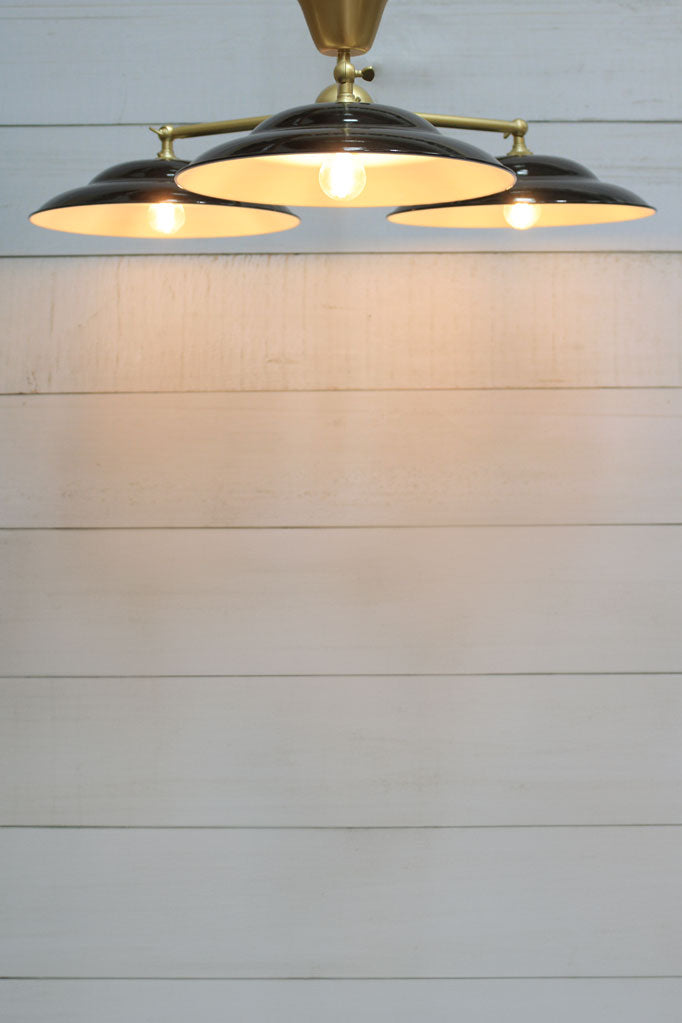 Barn 3 Arm Flush Mount Light with gold brass arm and black shades