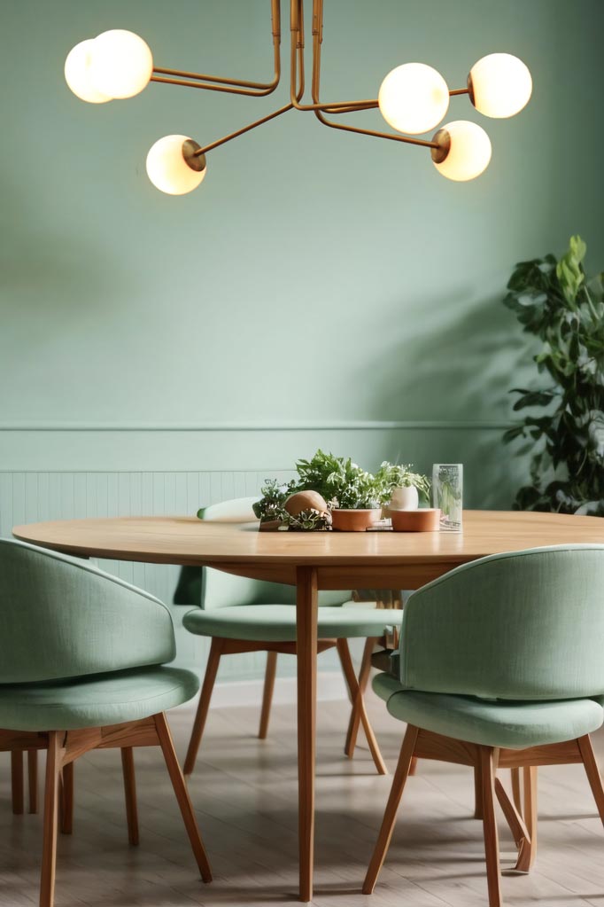 Bonnie Adjustable Multi Light Chandelier in gold, installed in a sage green and timber dining space. 