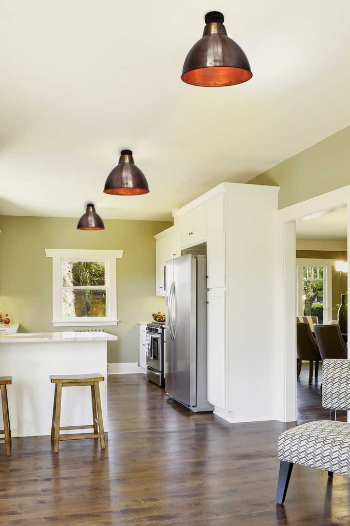 3 Large copper ceiling light in a kitchen