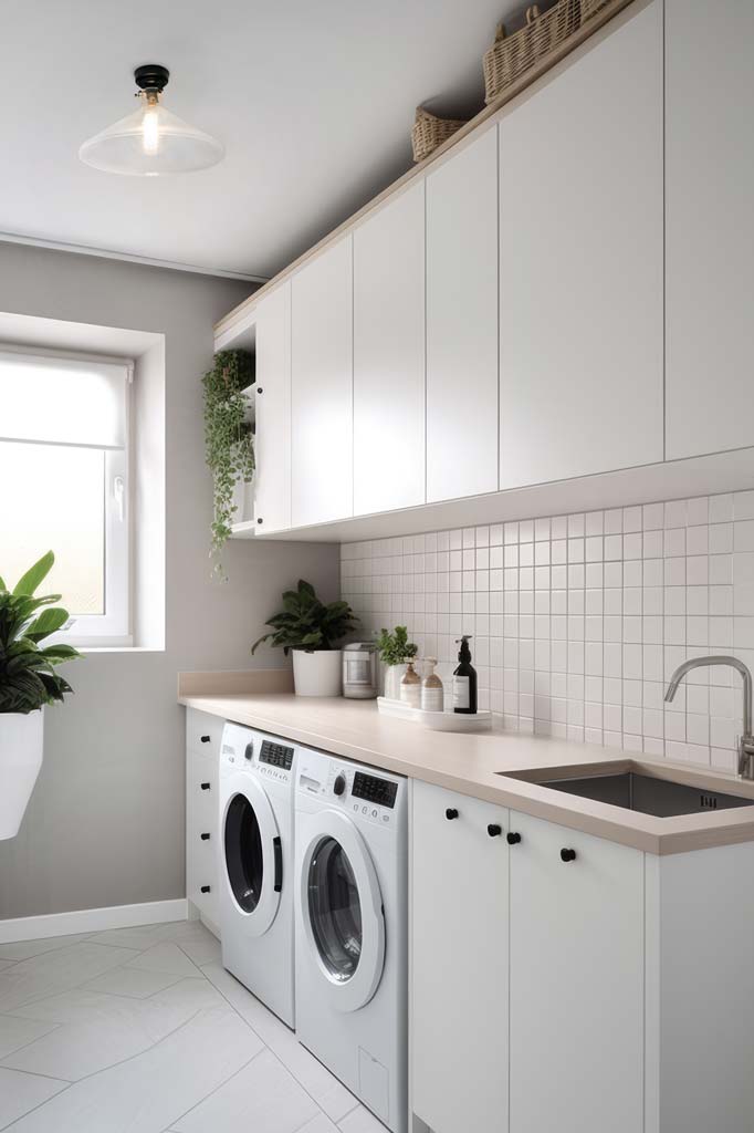 Clear glass cone shade flush mount, installed in a bright laundry. 