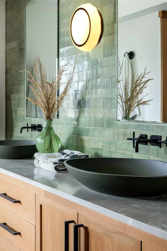 Flat, round wall light with black circle detail installed in between two vanity mirrors on green tile. 