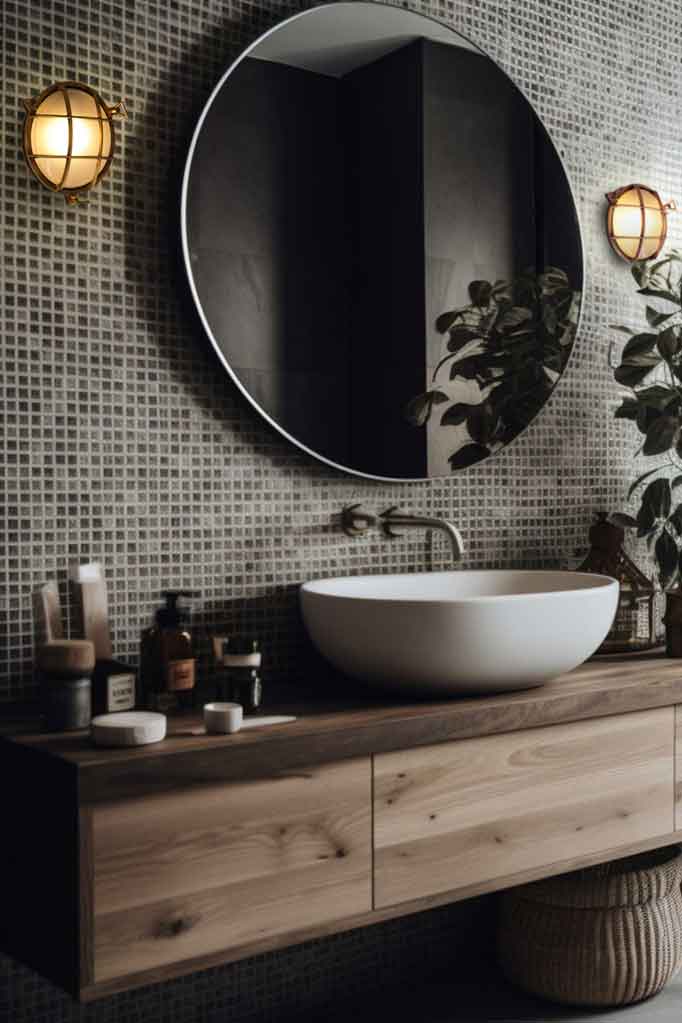 two bunker lights in brass finish in a bathroom