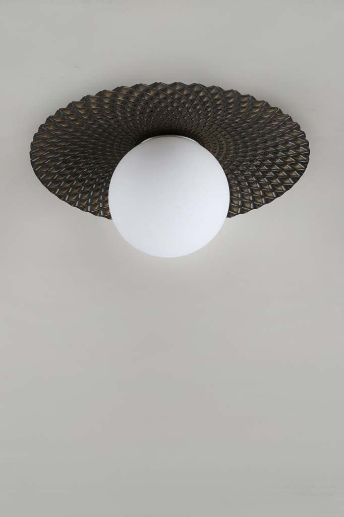 Maramingo Glass Ceiling Light in Black, has a black/gold metal flat design and opal glass ball shade.