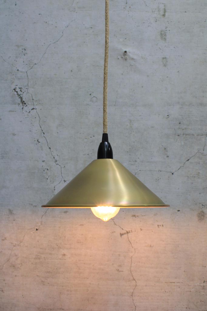 Cone Pendant Light with jute cord and bright brass small shade 