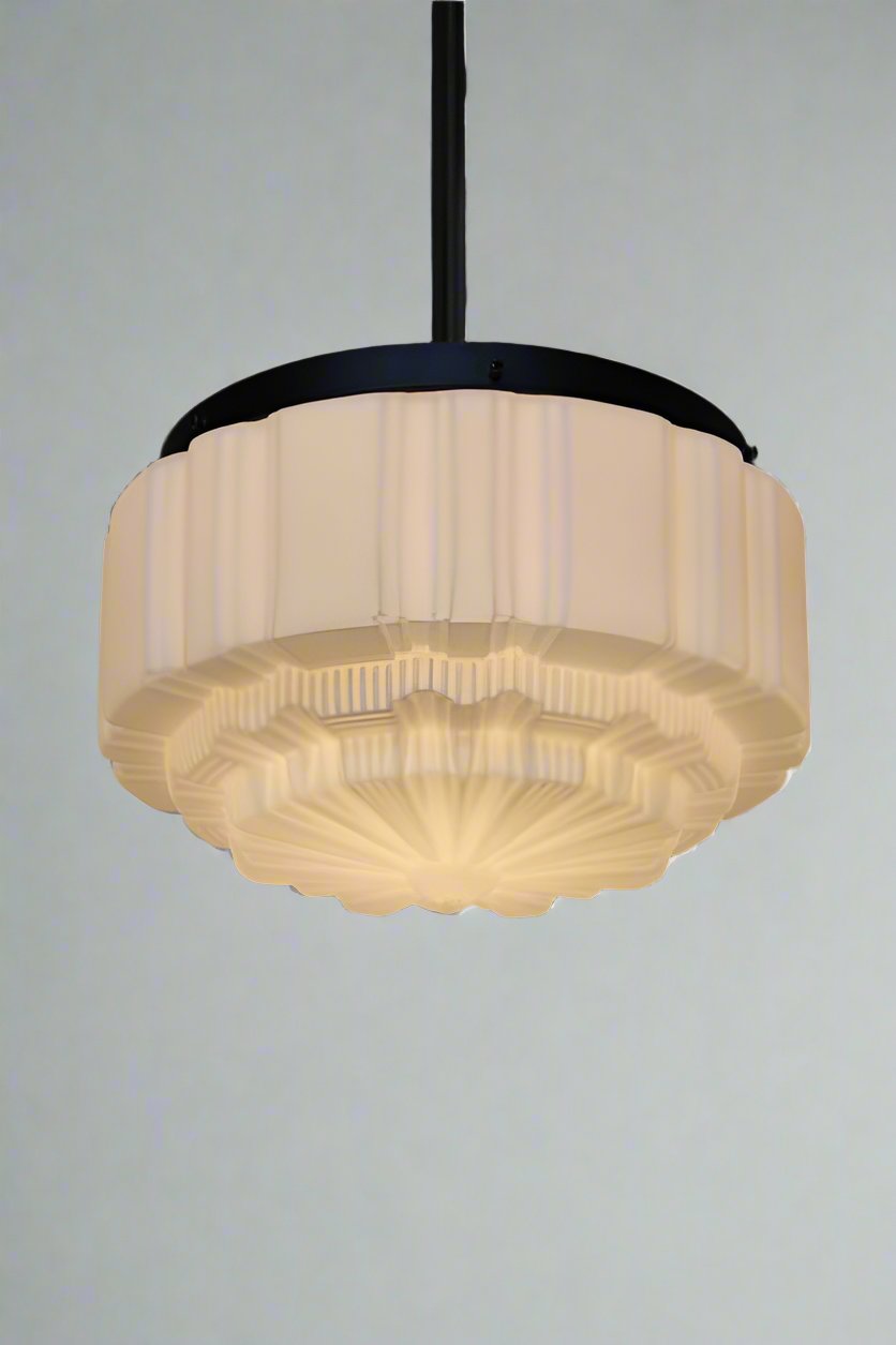 Large art deco pendant light with black pole suspension