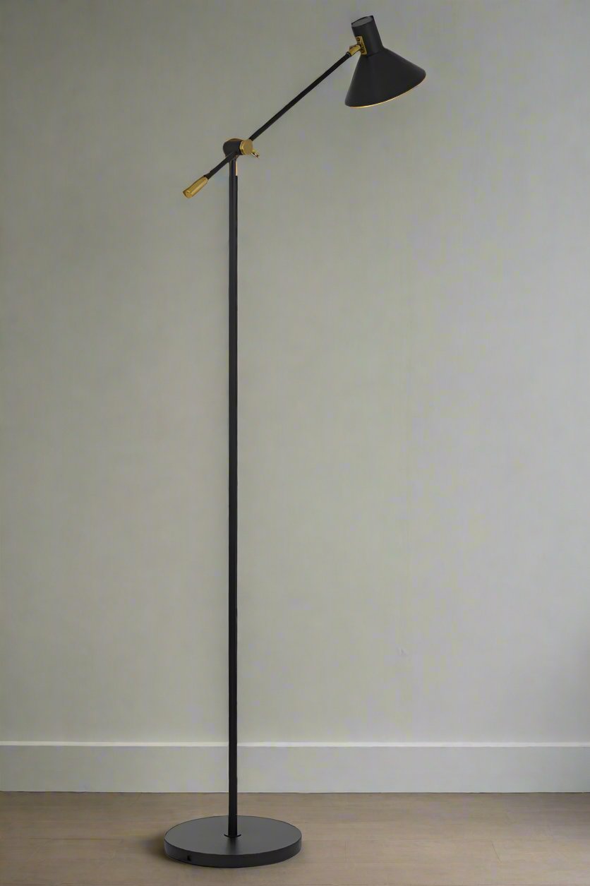 Black floor lamp with gold/brass accents 