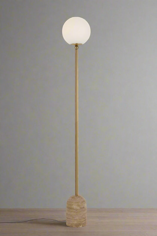 Shorestone Glass Ball Floor Lamp with opal shade and beige base.