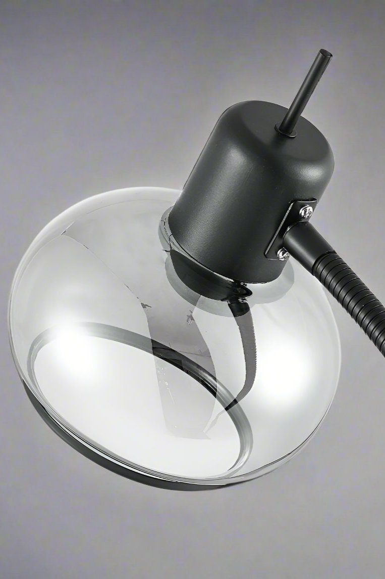 Close up of the back of a black floor lamp with smoked glass shade