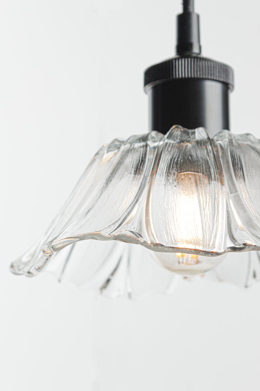 Floral shaped clear glass on black lampholder with black cord, close up. 