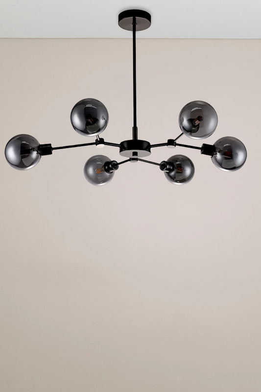 Coalfalls LED Multi Light Pendant in glossy black chrome, featuring six smoke-tinted glass shades. Image shows the pendant light in the off position.