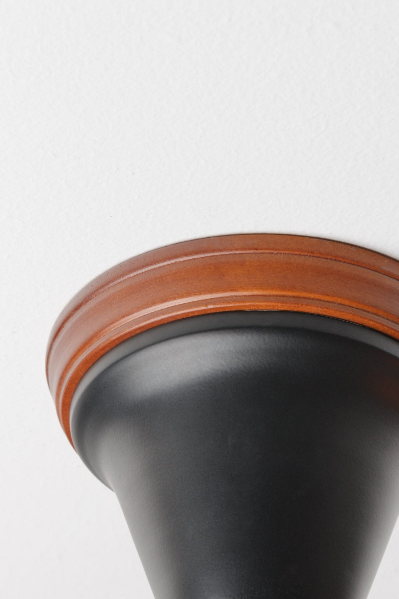 Black cone ceiling rose with a natural colour wood mounting block.