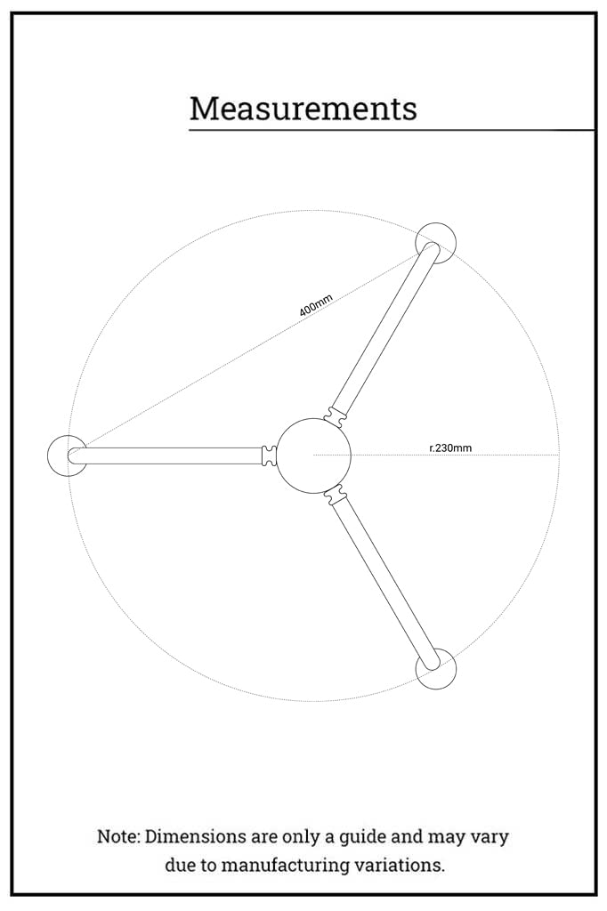 Dimension illustration of the 3 arm fixture showing arm position.