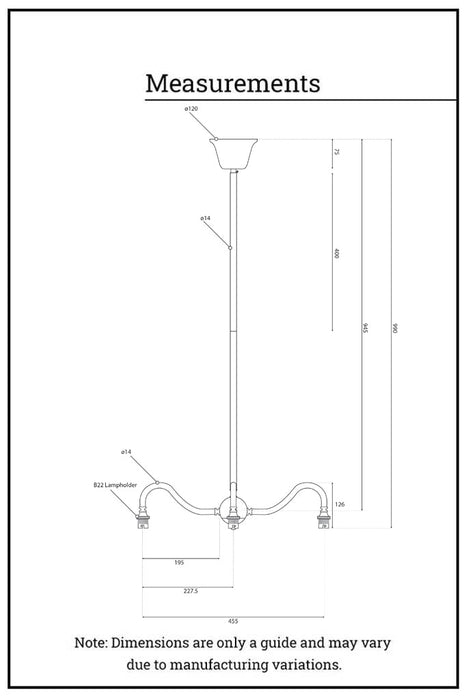 Dimension illustration of the Gooseneck Arm 3 Light Pendant