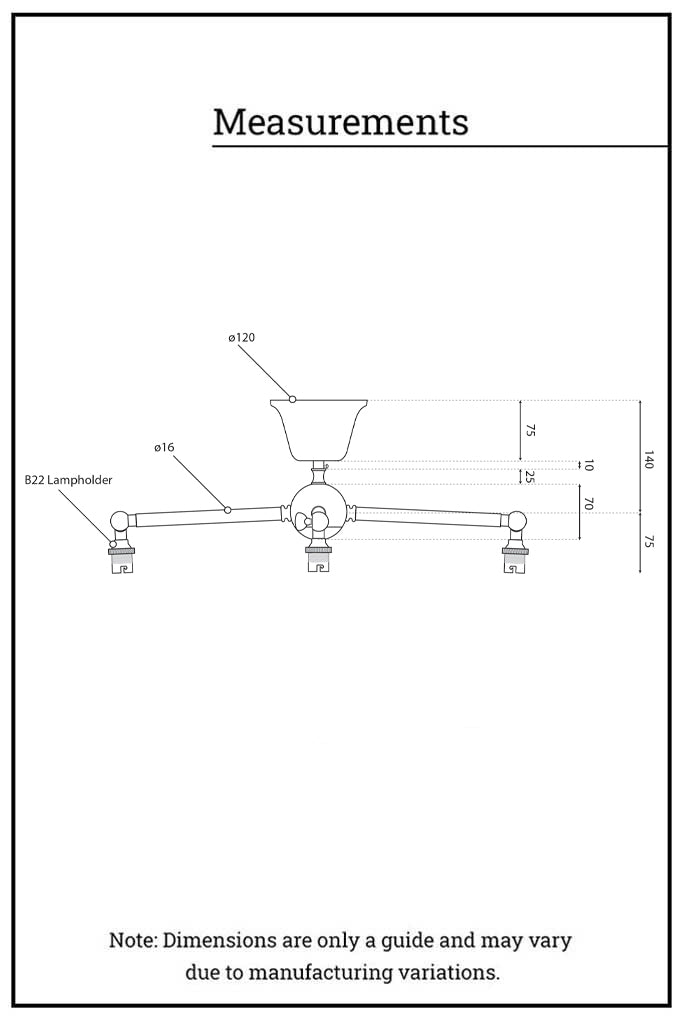 3 and 5 Arm close to ceiling light dimension illustration.