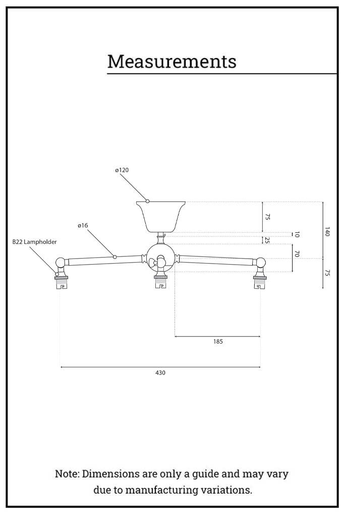 3 Arm close to ceiling light dimension illustration.