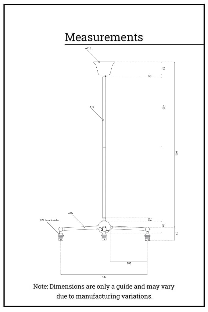 3 Straight arm fixture dimension illustration. 