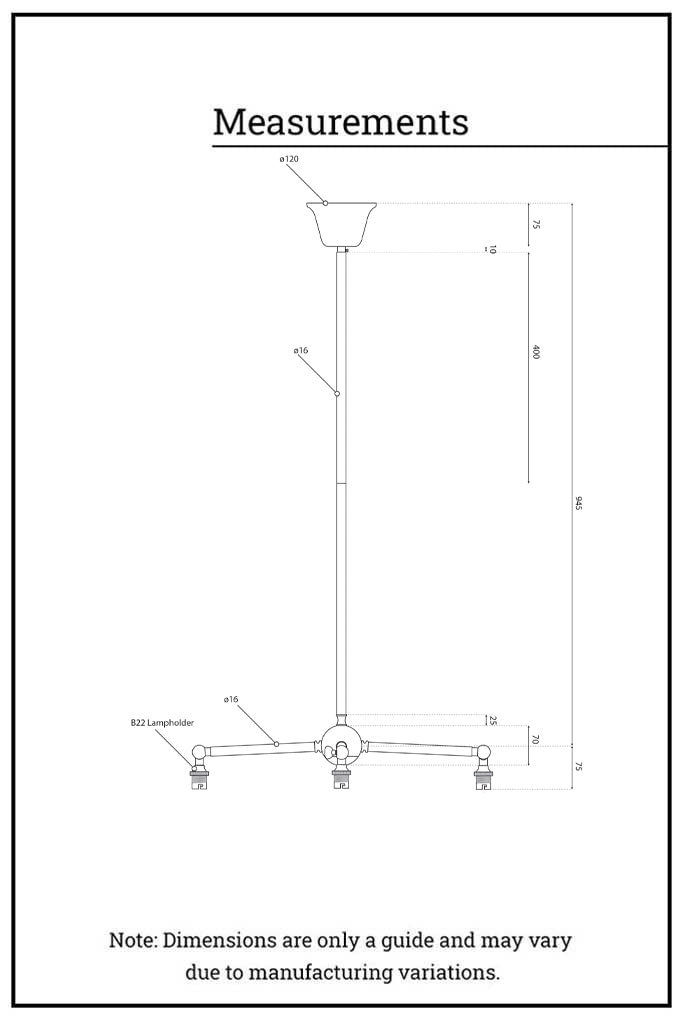 3 Straight arm fixture dimension illustration. 