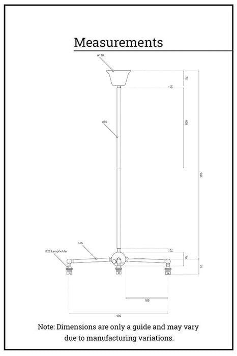 3 Straight arm fixture dimension illustration. 