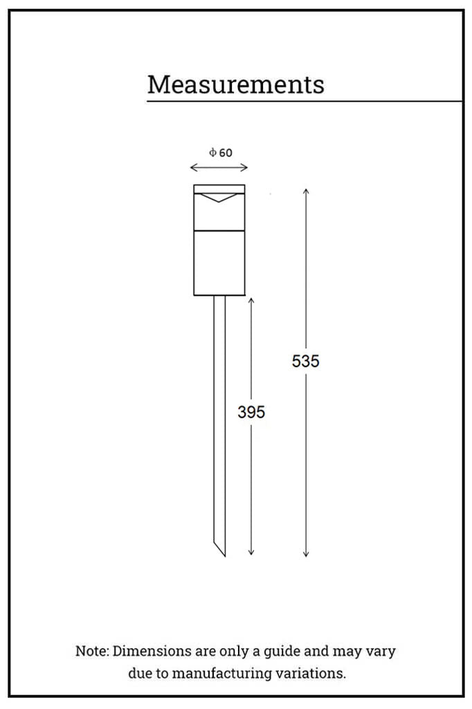 Illustration of the dimensions for the  Evoy Garden Spike Light.