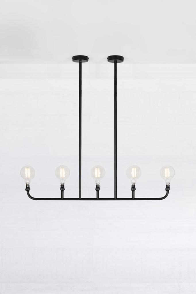 Five lamp linear chandelier in black. 