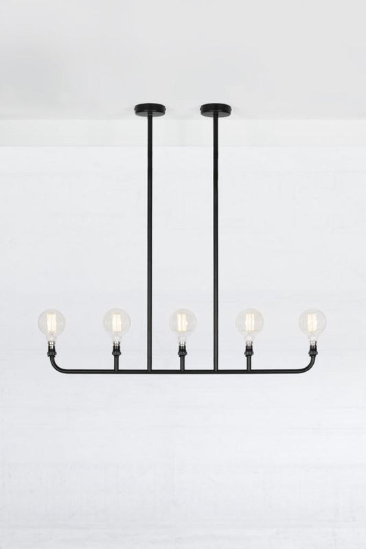 Five lamp linear chandelier in black. 