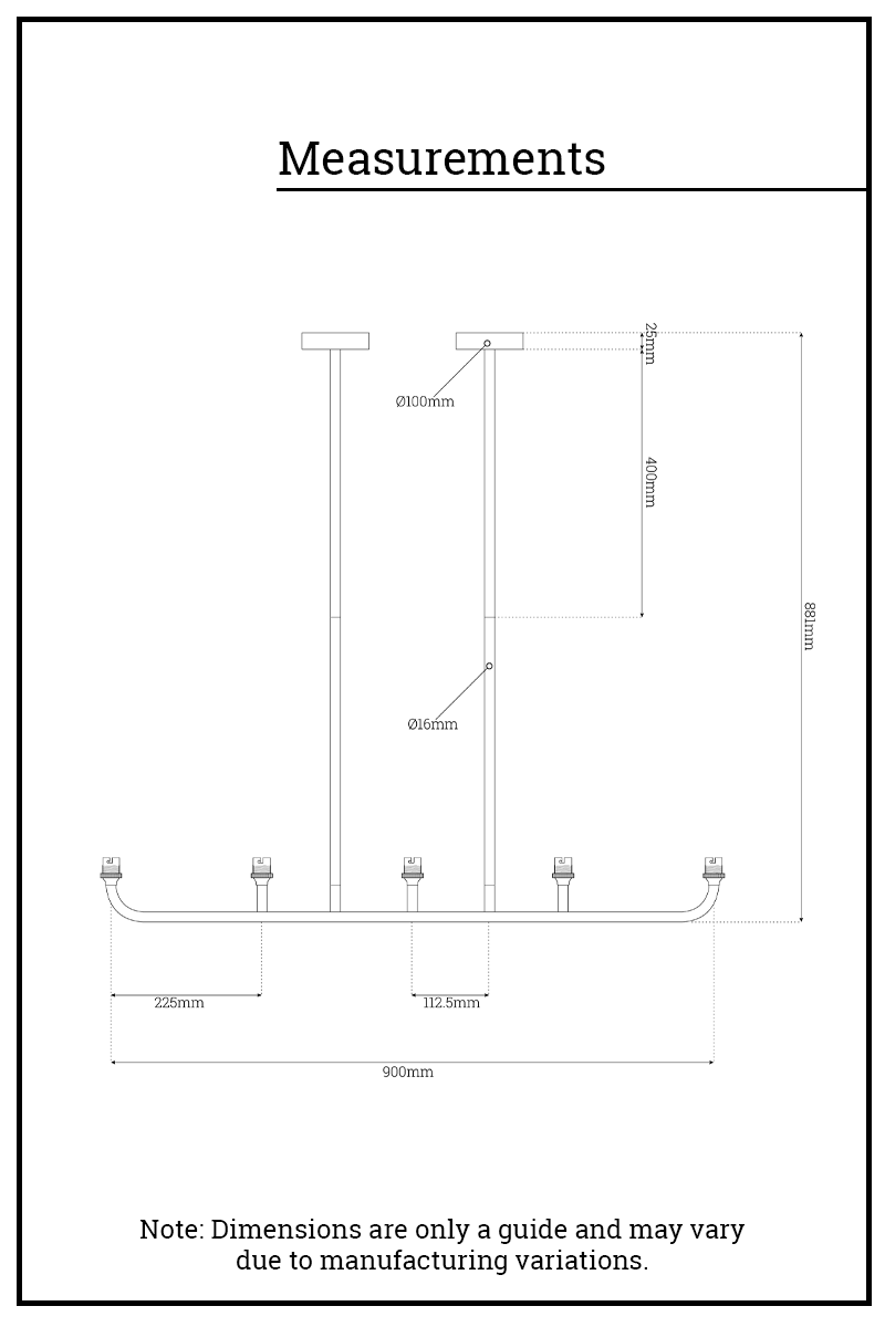 Dimension illustration of the five lamp  Linear Chandelier.