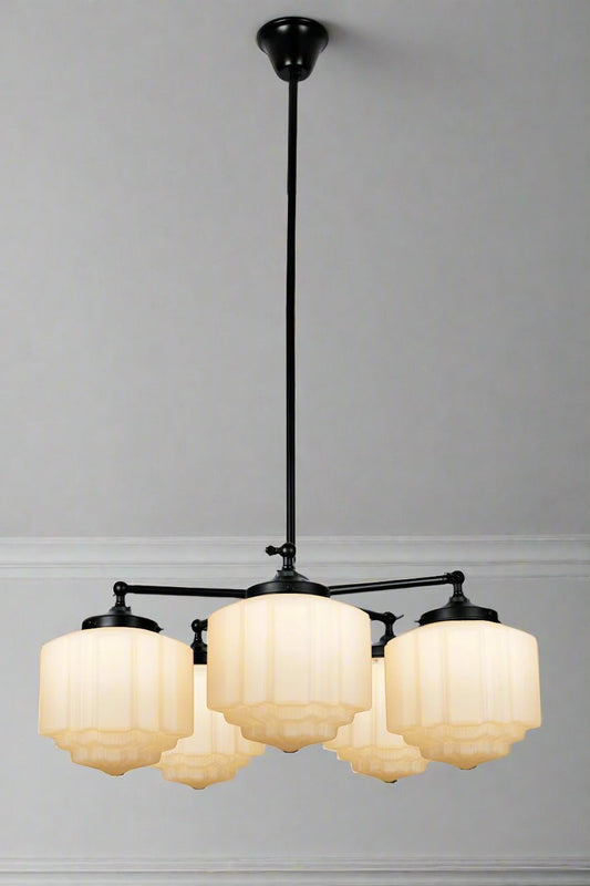 5 arm light with deco shades in opal