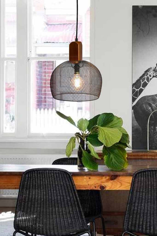 Woodtop basket pendant light in cafe