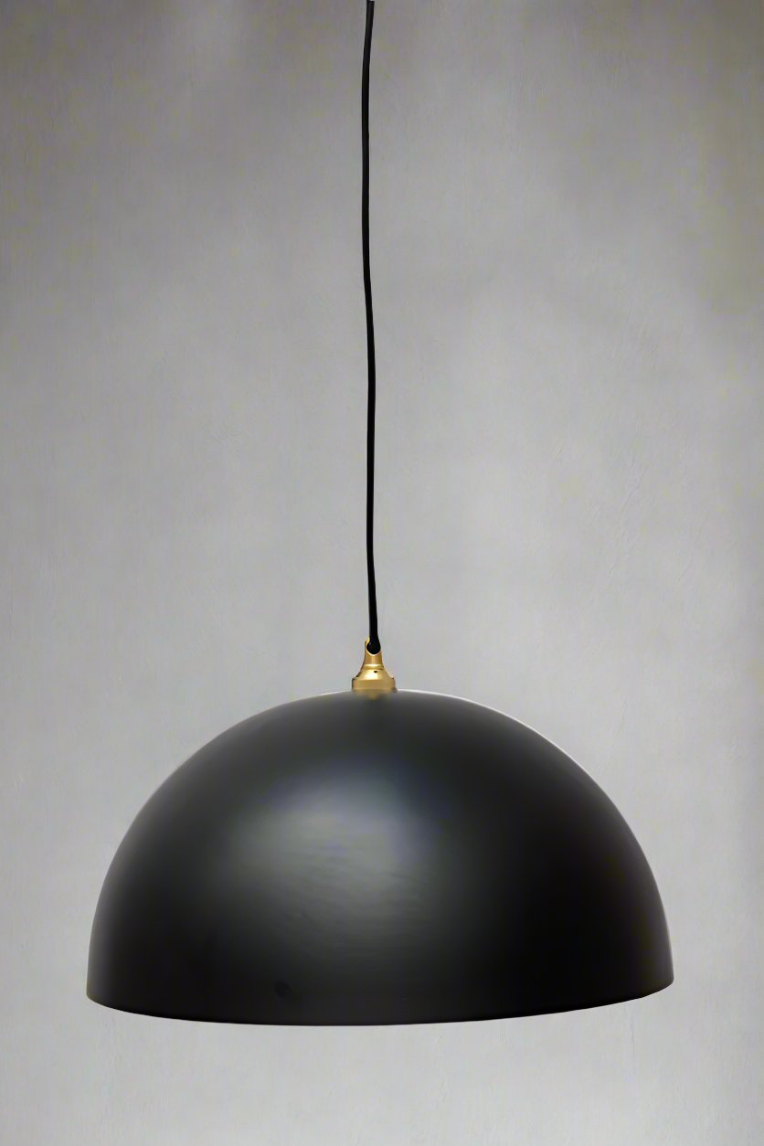 Black Dome shade with gold/black cord and cable suspension