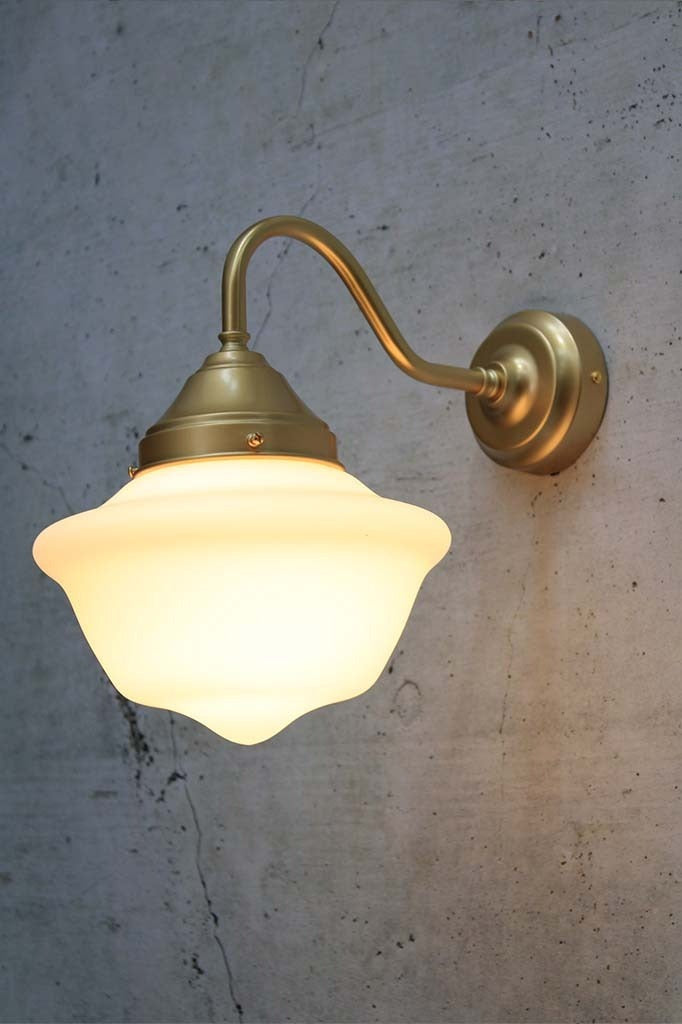 gold brass wall scone with Opal shade