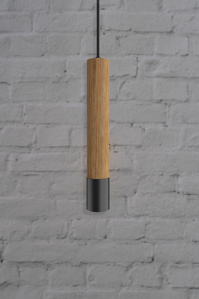 Pendant LED light in natural wood and black finish