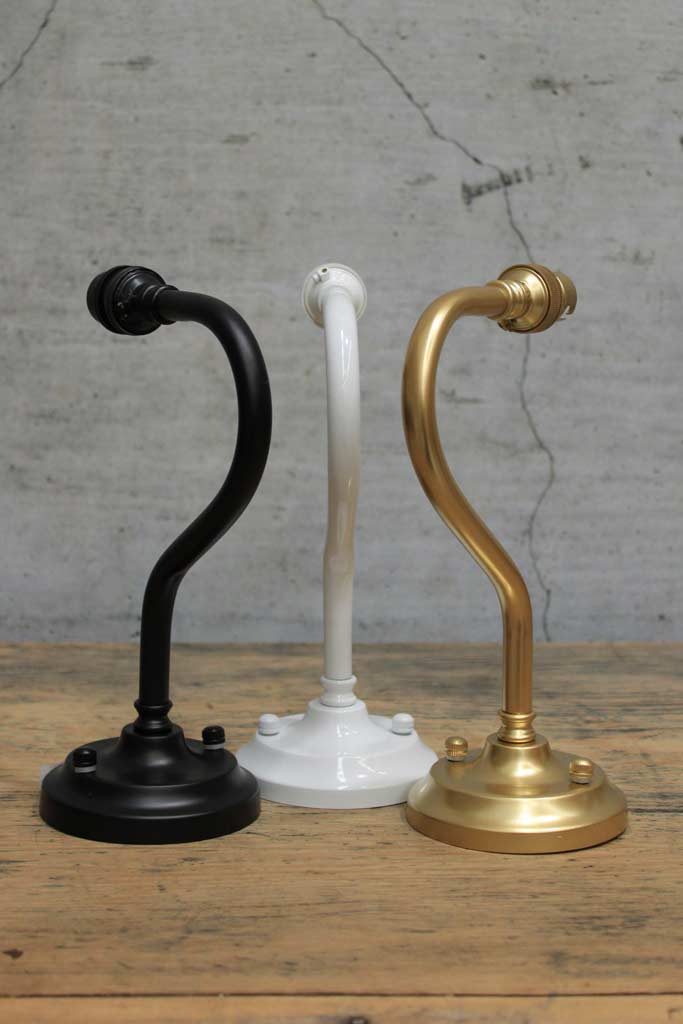 gooseneck sconces in black, white and gold/brass finishes