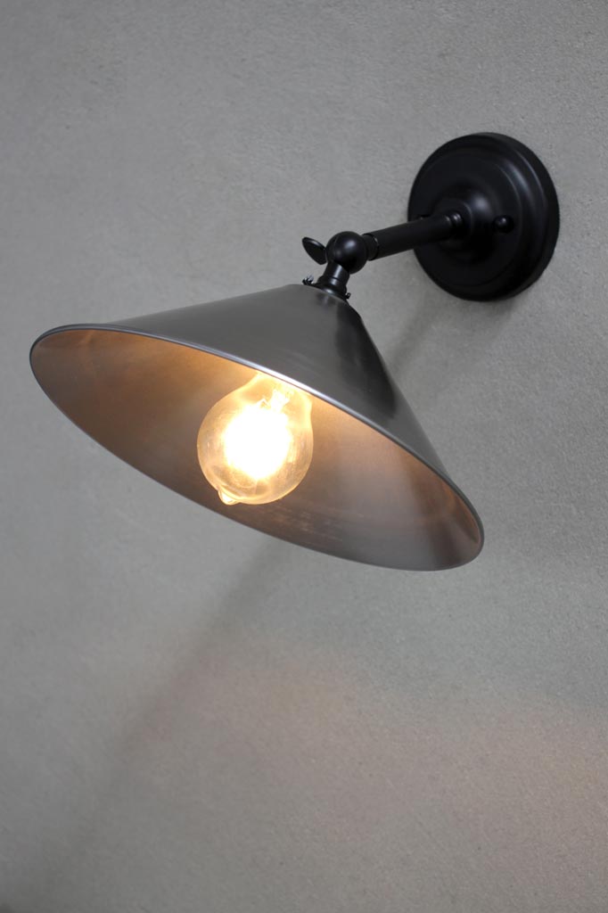 Small Vintage steel cone wall light with black arm