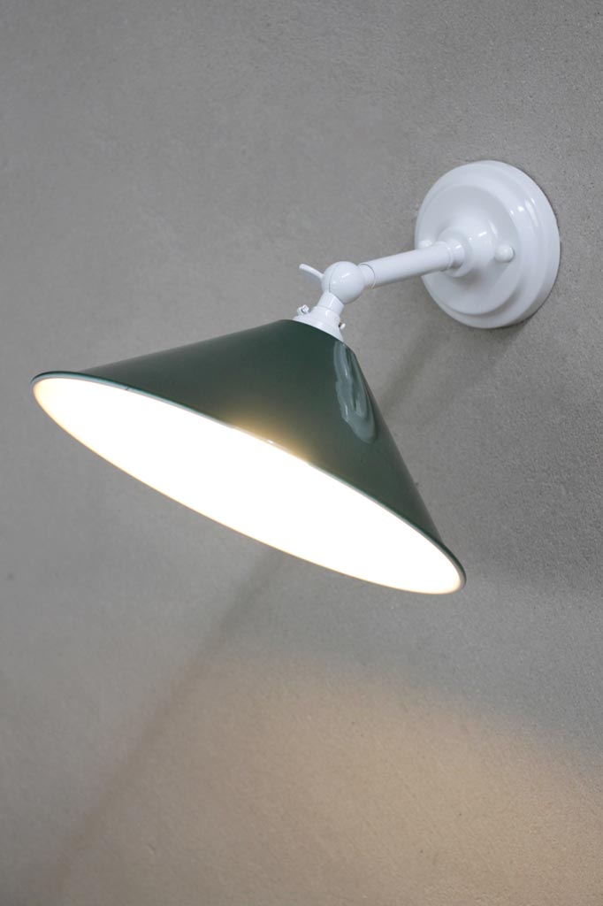 Small green cone wall light with white arm