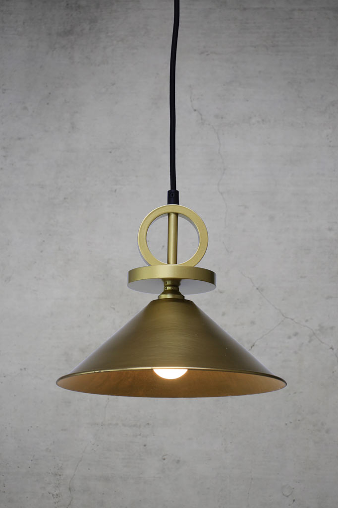 Cone pendant light with small bright brass shade with disc