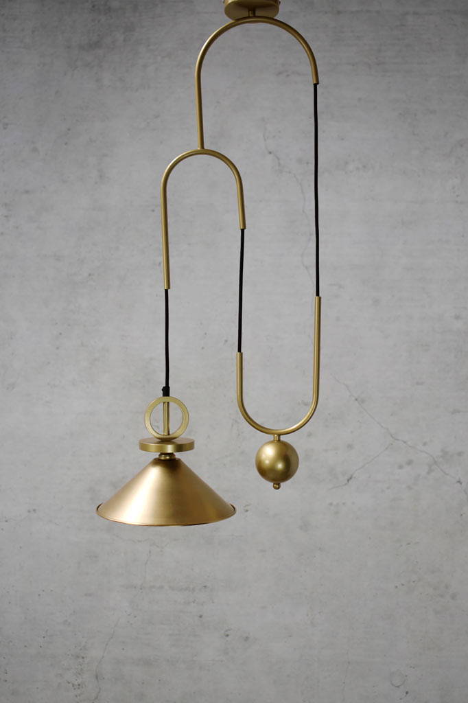 Gold brass pendant cord and disc with bright brass shade