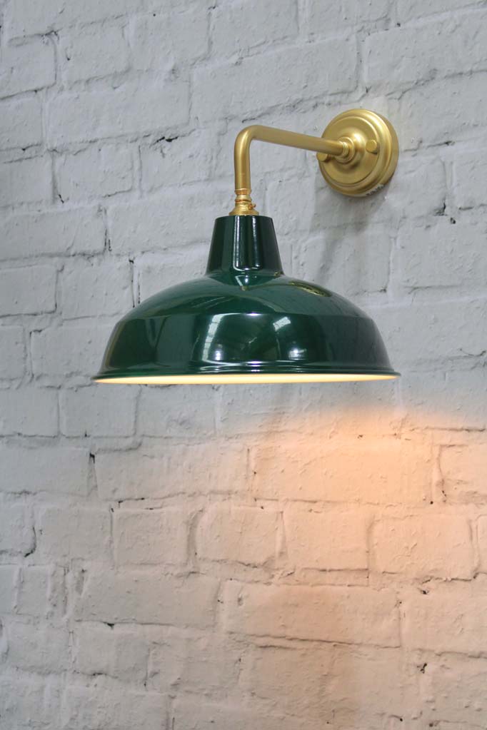 Warehouse shade in federation green with gold/brass wall sconce.  