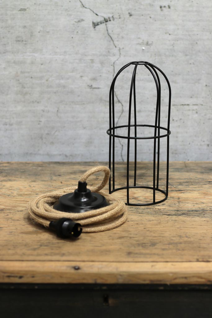 Long black cage pendant with jute cord