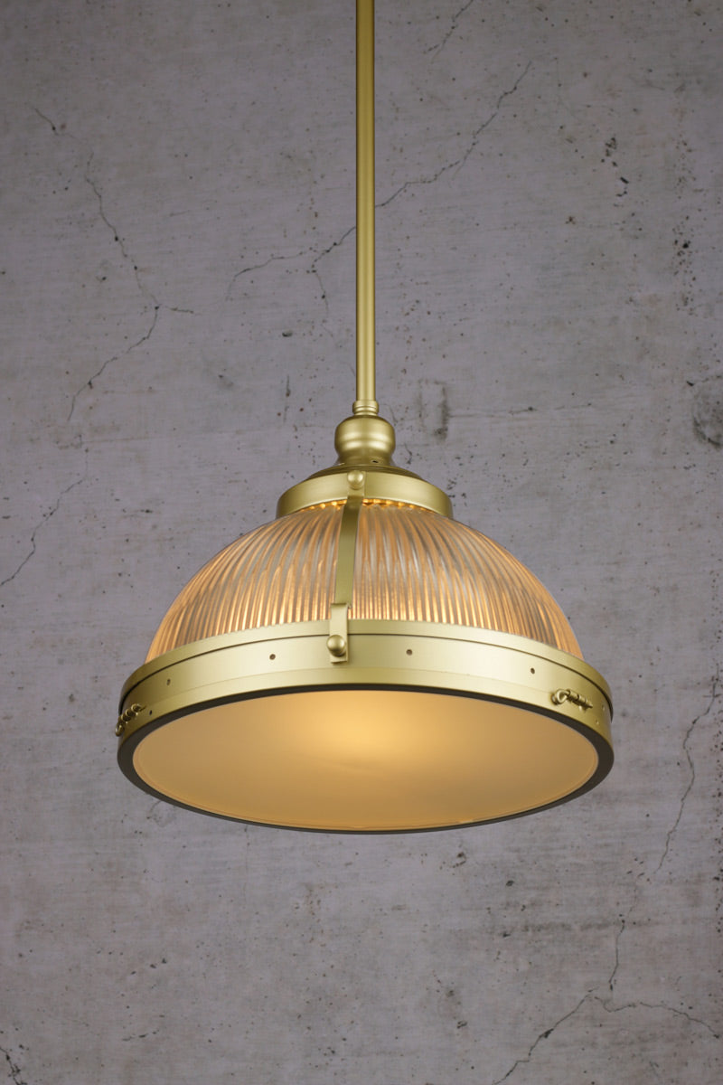 Ribbed glass pole pendant in gold brass with frosted shade