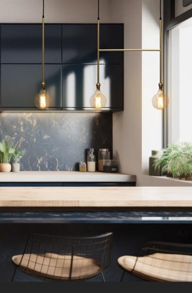 Junction Cross Pendant A B and C in brass gold over kitchen counter