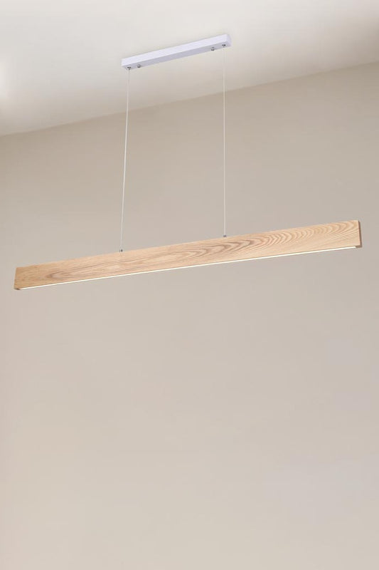 Lancelin wood linear pendant close up with a beige background. 